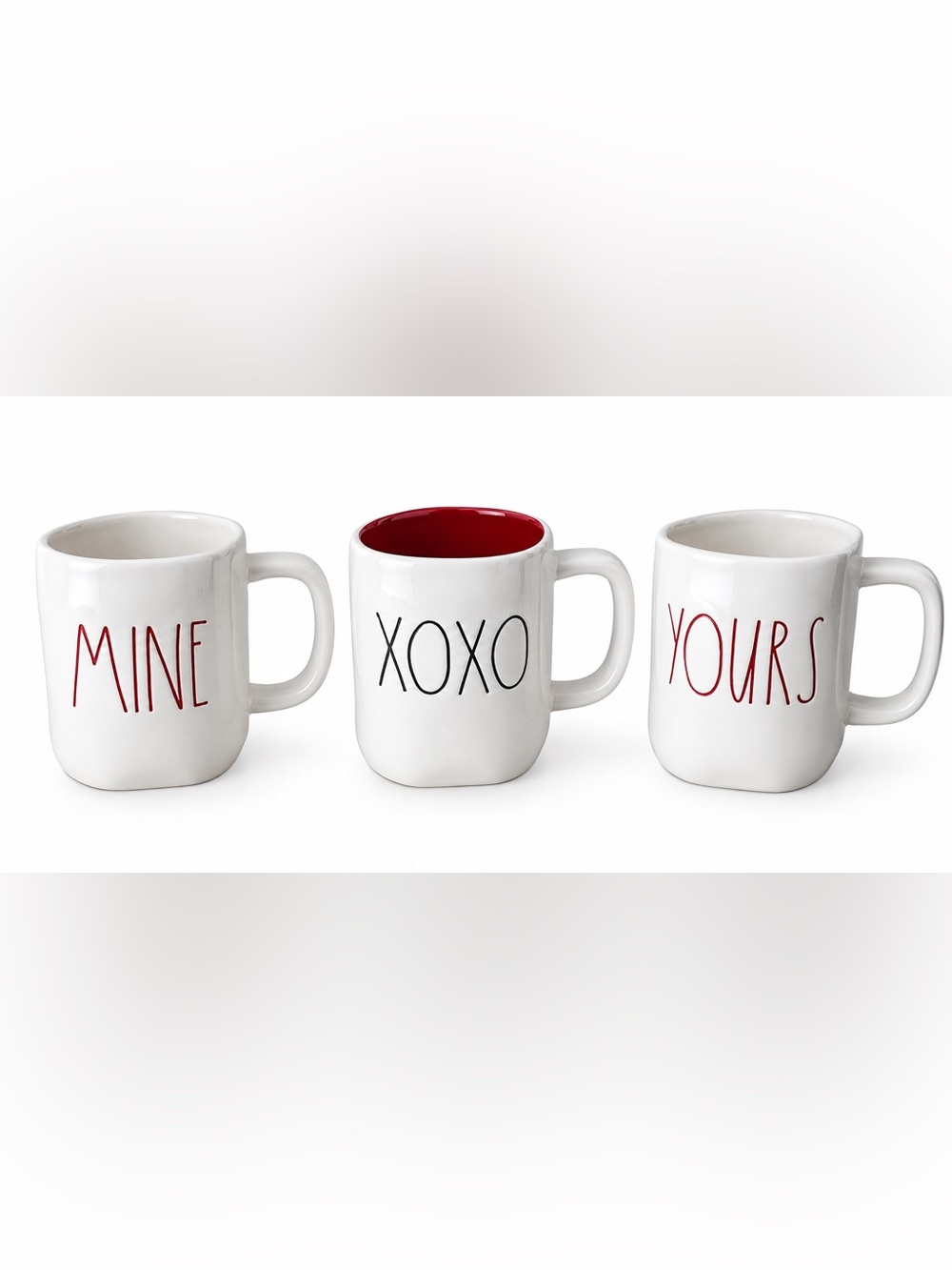 RAE DUNN 3 coffee mug set YOURS, MINE & XOXO red & white